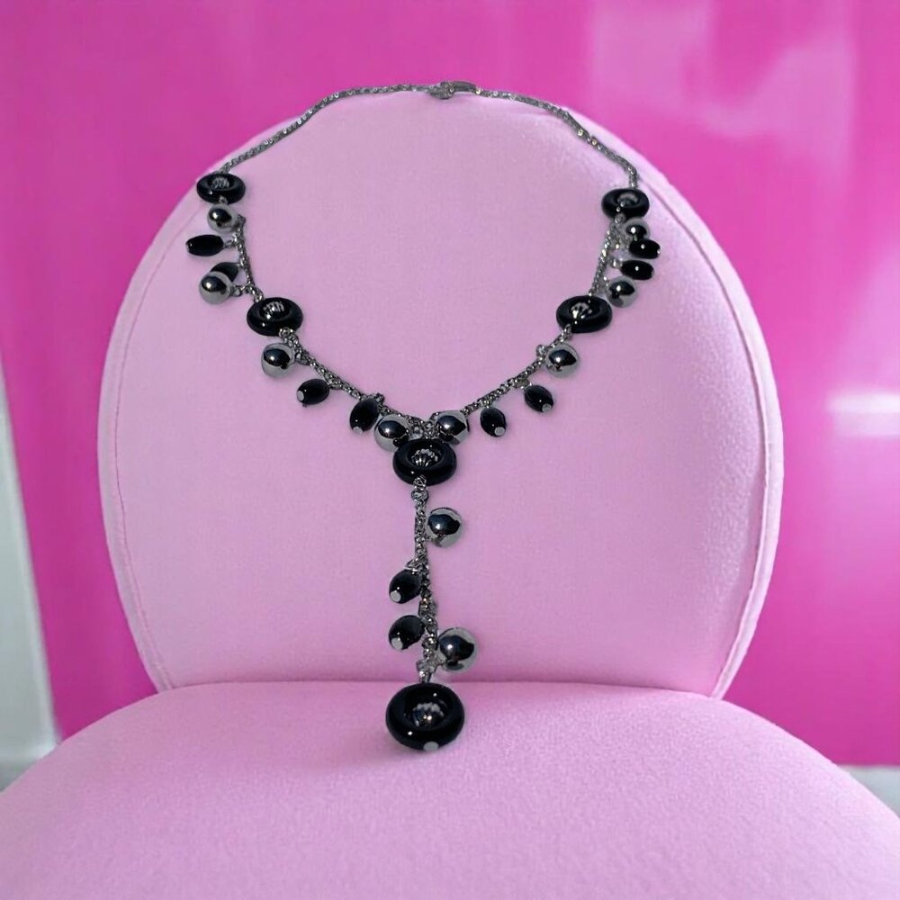 Black & Silver-Tone Y-Necklace With Beads & Drop Pendant